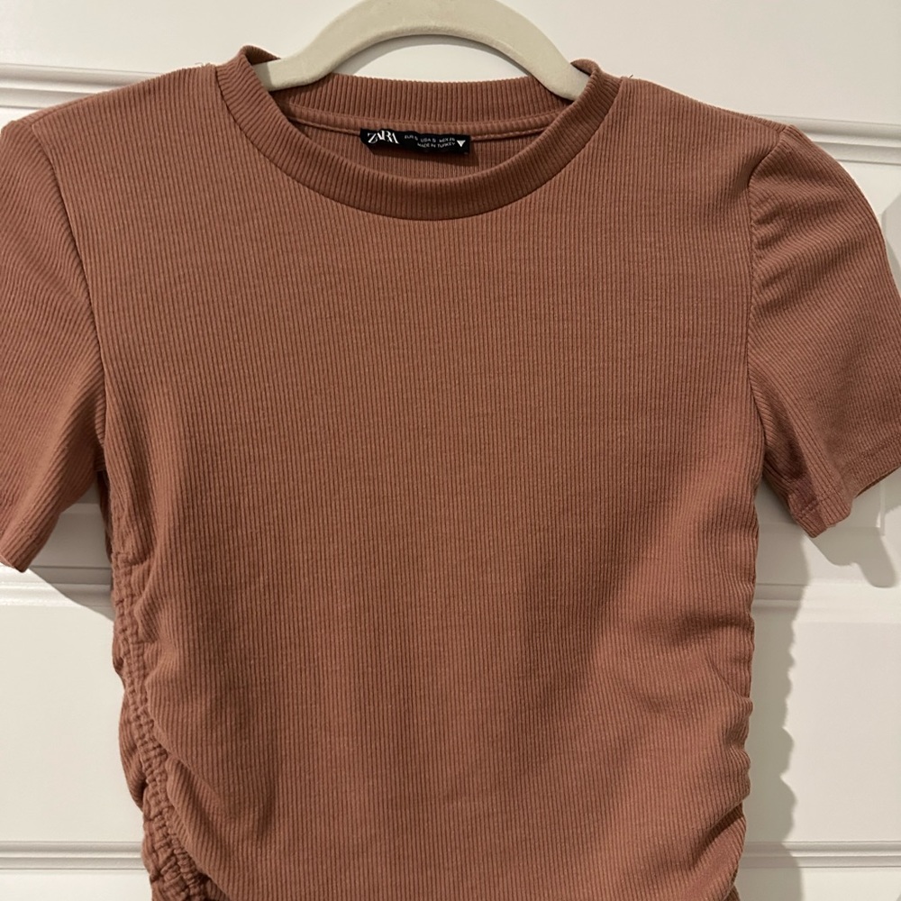 Zara Orange Ruched Fitted Short Sleeve Tee